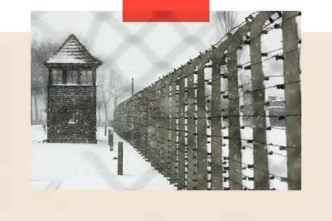 Getty Images View of the barbed wire at Auschwitz-Birkenau. Snow is falling.
