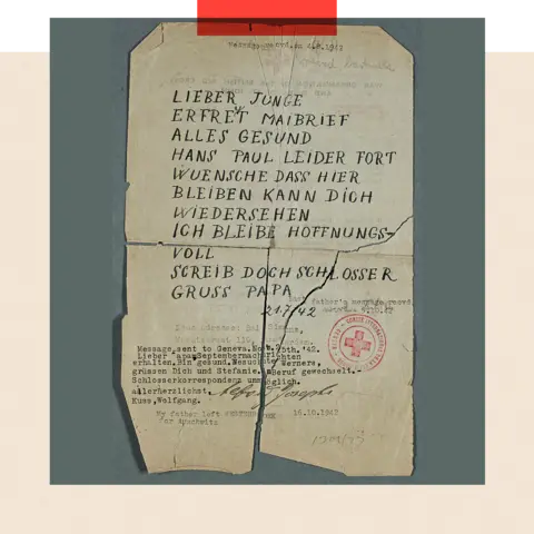 The Wiener Holocaust Library Alfred Josephs’ last message to his son written on torn paper which has been preserved by The Weiner Holocaust Library.