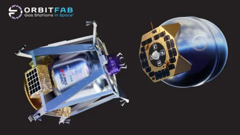 Orbit Fab An artists mock-up of the refuelling station in action. The refuelling tool is on the left hand side, whilst a satellite is on the right