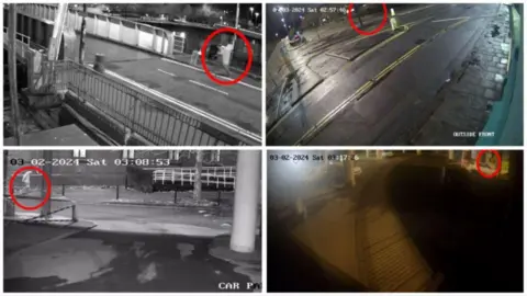 Avon and Somerset Police Image of four CCTV captures around Bristol. There are red circles in each screen capture, showing a person walking along.