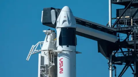 A close up view of the NASA SpaceX Dragon Endeavour spacecraft on a Falcon 9 rocket on the launchpad