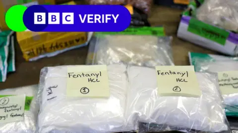 Reuters Plastic bags of Fentanyl are displayed on a table at the U.S. Customs and Border Protection area at the International Mail Facility at O'Hare International Airport in Chicago. They bags of white powder both have post-it notes attached reading "fentanyl". 