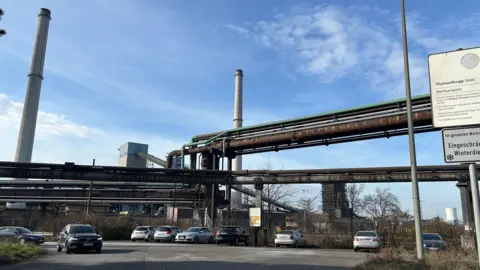 Cars are parked at a steelworks at Marxloh in Germany