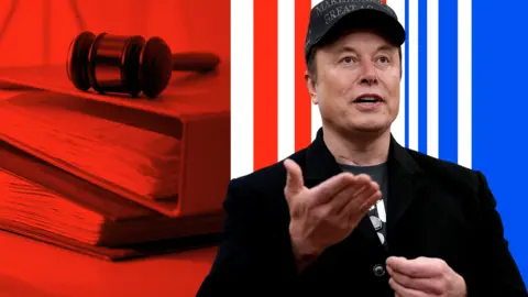 A stylised image that shows Elon Musk in front of ring binders