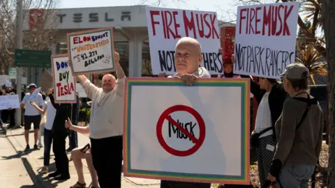 Reuters Protesters hold an array of signs; one has Elon Musk's name written on with a big red warning sign over the top and another urges the government to "fire Musk, not park rangers"