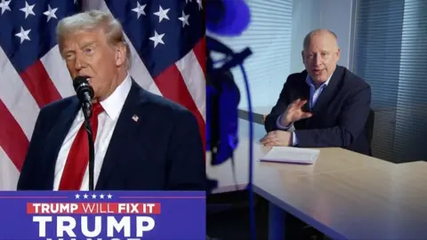 A composite of a photo of Donald Trump on the campaign trail and the BBC's Steve Rosenberg speaking to the camera