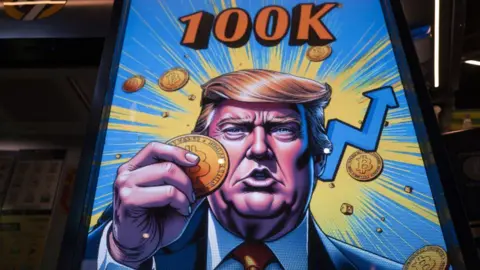 Getty Images A cartoon on a machine of Donald Trump holding bitcoin