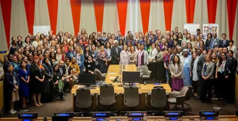 @WPSFocalPoints / Babita Patel A group photo of mainly female delegates attending the Women, Peace and Security Focal Points Network event in New York. Gen Jama is seen in the front at the centre