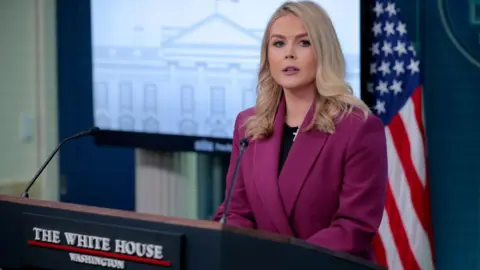 Getty Images White House press secretary Karoline Leavitt gives her first news briefing.