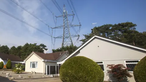 A pylon against a blue sky above two bungalows in Dorset