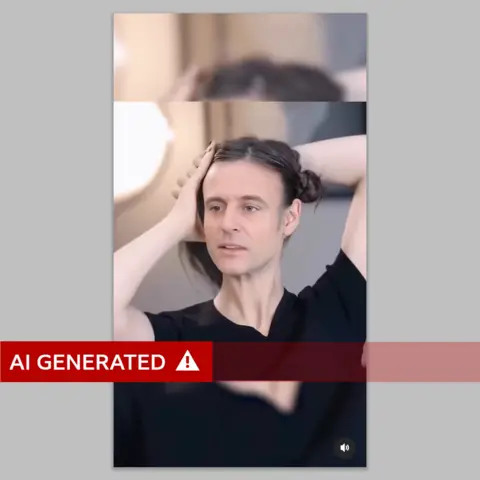 Instagram/emmanuelmacron Deepfake image of a woman in a black T-shirt tying her hair in bunches, where her face has been replaced with Emmanuel Macron