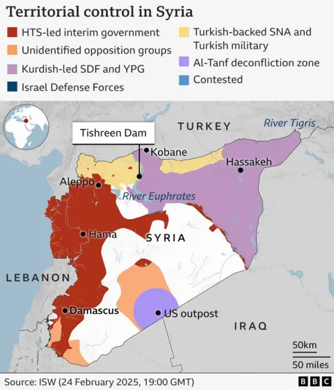 Map showing areas in north-east Syria that are controlled by SDF-led forces as well are areas controlled by the Turkish-backed SNA and Turkish military. The area controlled by the HTS-led government along the west of Syria is also marked. 