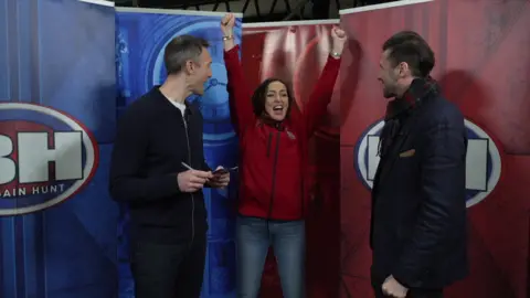 BBC Breakfast presenter Sally Nugent celebrates her victory on Bargain Hunt