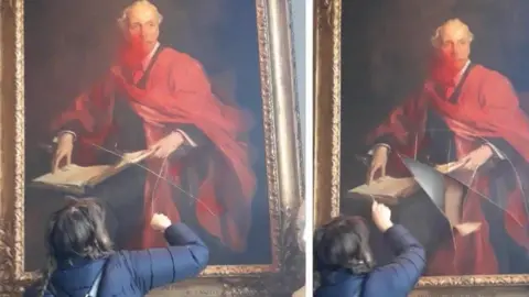 A composite photo showing two views of a woman damaging a portrait of Lord Balfour. The portrait shows Balfour in a red robe, holding a large book. He has white hair and a white moustache. The woman has short dark hair and a blue puffer jacket. Her arm is upraised, slashing the portrait.