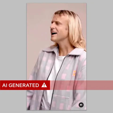 Instagram/emmanuelmacron Deepfake image of a woman with blonde hair in a light pink jacket singing, where her face has been replaced with Emmanuel Macron