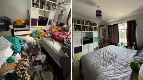 Dora Brown One of the bedrooms before the charity visited covered in clothes (left) and after (right)