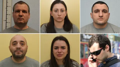 Metropolitan Police handout and social media Clockwise, from top left: Mugshot of Orlin Roussev, mugshot of Katrin Ivanova, mugshot of Ivan Stoyanov, Tihomir Ivanchev, mugshot of Vanya Gaberova, mugshot of Biser Dzhambazov.