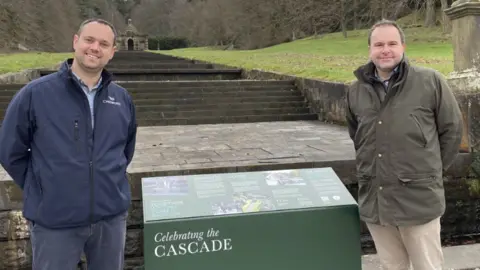 Rob Harrison Head of Operations at Chatsworth (left) with Head Gardener Steve Porter next to the Cascade that has been leaking for years