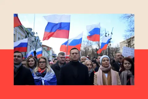 Getty Images Russian opposition leader Alexei Navalny other demonstrators march in memory of murdered Kremlin critic Boris Nemtsov in downtown Moscow