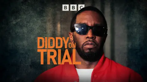 Headshot of Sean "Diddy" Combs looking into the camera, wearing sunglasses. The words "Diddy on Trial" are written in orange next to his head.