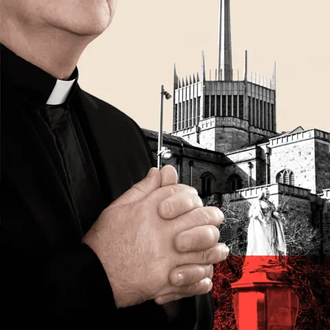 BBC A priest holds hands in prayer in front of Blackburn Catherdral