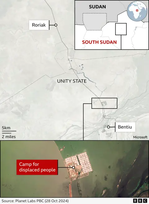 A map showing where the camp of displaced people is within Unity State