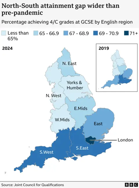 Map of England showing in different shades of blue the GCSE percentage pass rate in each region of the country