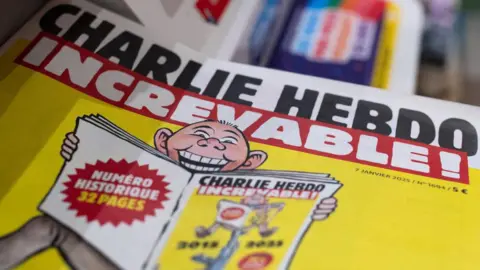 Getty Images Partial picture of the Charlie Hebdo special edition. Yellow cover, depicting a man reading the magazine (with the same cover of this issue)