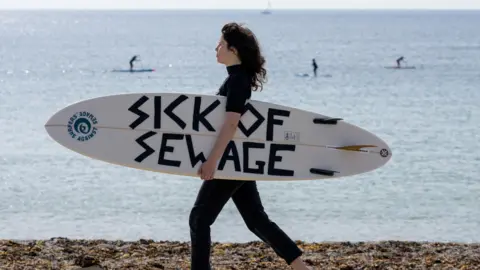 A female surfer carries a surfboard with the words "sick of sewage" written on it