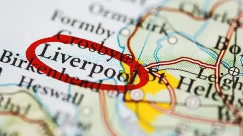 Map of the Liverpool City Region, with Liverpool ringed in red pen.